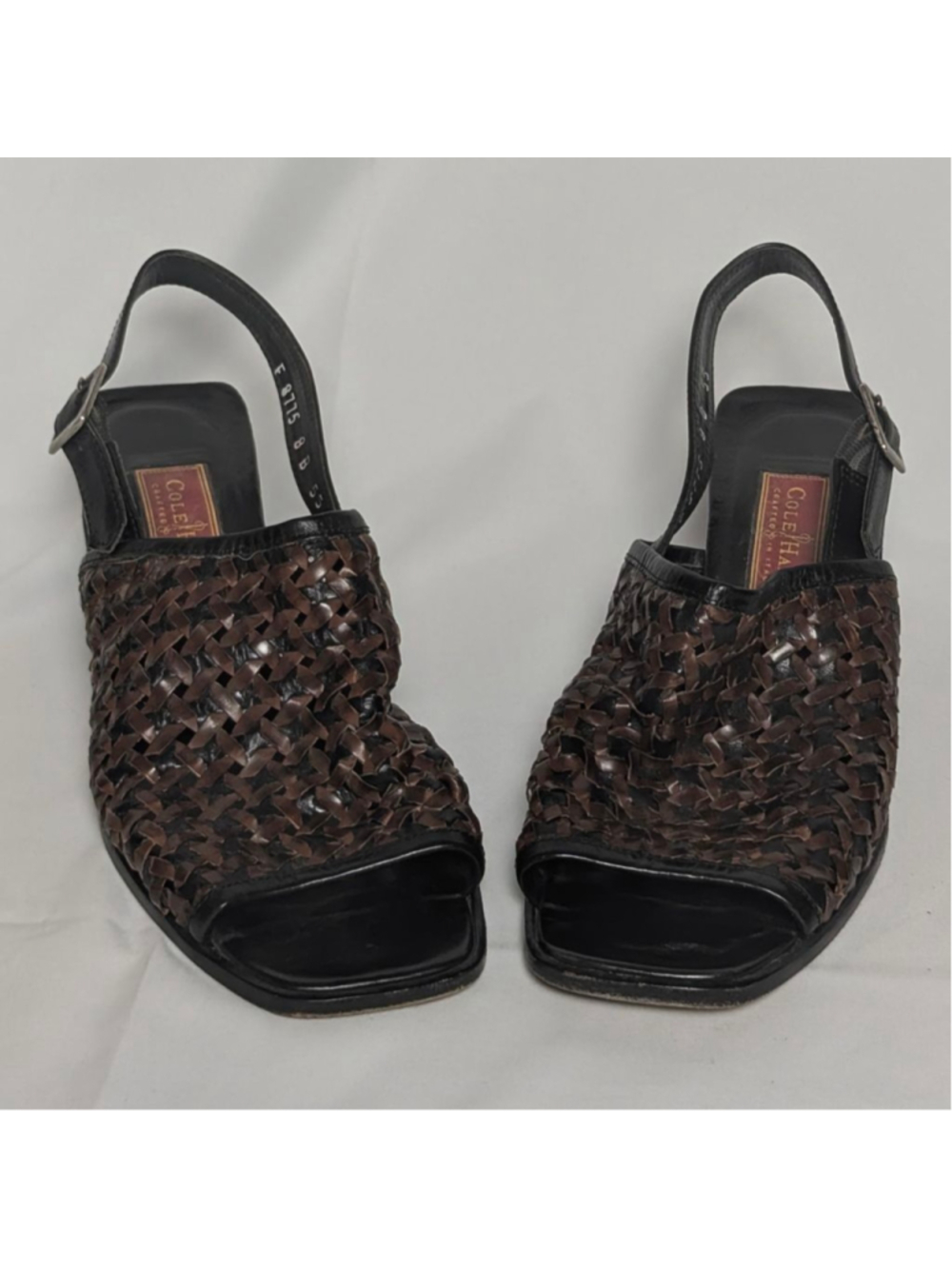 Cole Haan Italy Woven Leather Slingback Heels Brown Black Size 8